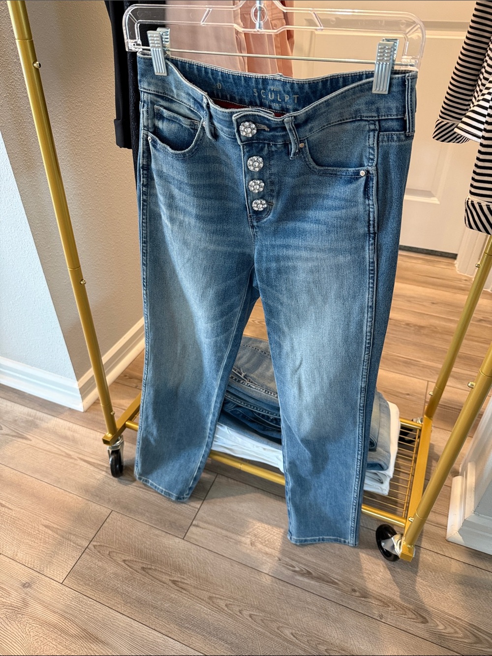 WHBM Embellished Button Front Sculpt Jeans - Light Blue with zipper closure